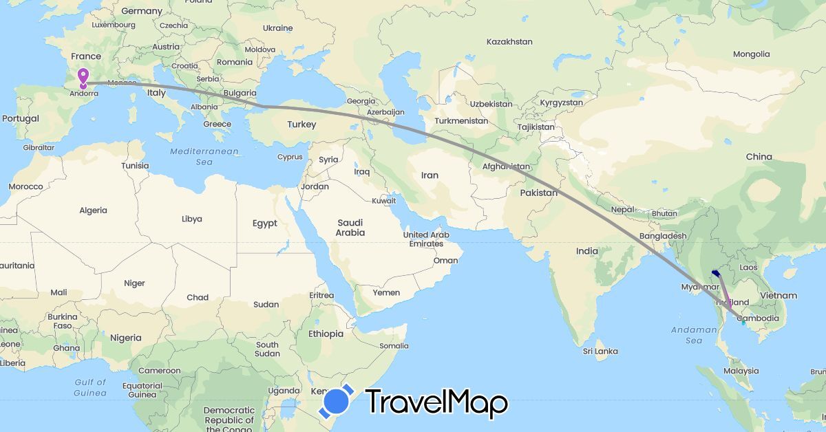 TravelMap itinerary: driving, bus, plane, train, boat in France, Thailand, Turkey (Asia, Europe)